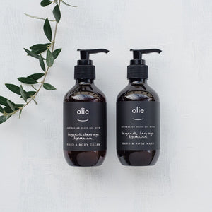 Olieve and Olie bergamot, clary sage and geranium hand and body wash and hand and body cream twin boxed gift set, all natural and organic ingredients.