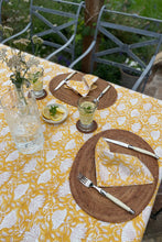 Load image into Gallery viewer, Cotton table napkins, blockprinted by hand exclusively for Juniper Hearth, Sara floral in white on honey yellow.