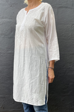 Load image into Gallery viewer, Chikankari white on white embroidered long kurta top.