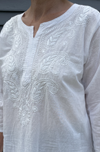 Load image into Gallery viewer, Chikankari white on white embroidered short kurta top.
