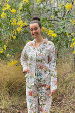 Load image into Gallery viewer, Juniper Hearth ethically made cotton voile full length pyjamas, beautiful colourful floral print on vanilla white background.