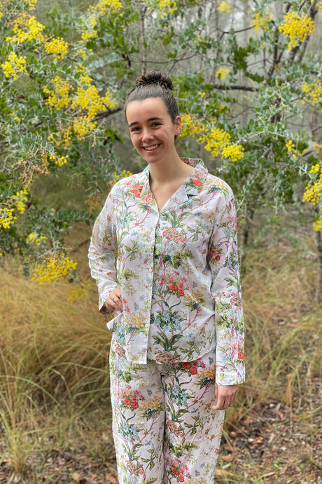 Juniper Hearth ethically made cotton voile full length pyjamas, beautiful colourful floral print on vanilla white background.
