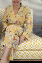 Load image into Gallery viewer, Juniper Hearth cotton voile pyjamas im butter yellow Summer Peony floral print.