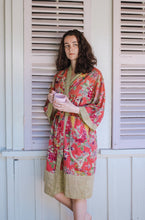 Load image into Gallery viewer, Cotton voile kimono robe dressing gown in coral bird print with yellow trim.