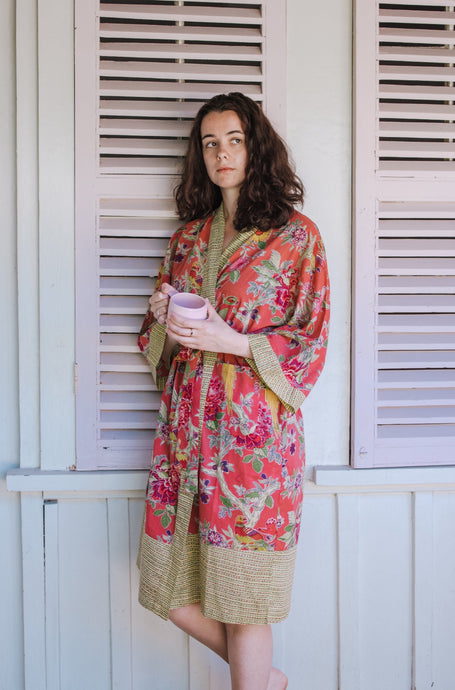 Cotton voile kimono robe dressing gown in coral bird print with yellow trim.