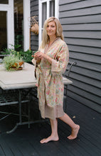 Load image into Gallery viewer, Ethically made, cotton voile kimono robe dressing gown in pale lime green floral print.