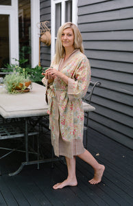 Ethically made, cotton voile kimono robe dressing gown in pale lime green floral print.