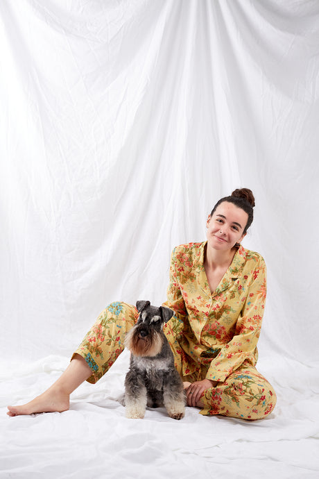 Ethically made cotton voile pyjamas, screen printed with a coral, raspberry and aqua floral print on sunshine yellow.