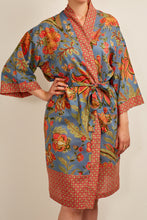 Load image into Gallery viewer, Cotton voile kimono robe dressing gown in mid blue with a tropical floral print in coral and cream and contrasting trim.