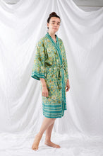 Load image into Gallery viewer, Ethically made, cotton voile kimono robe dressing gown in green floral print.