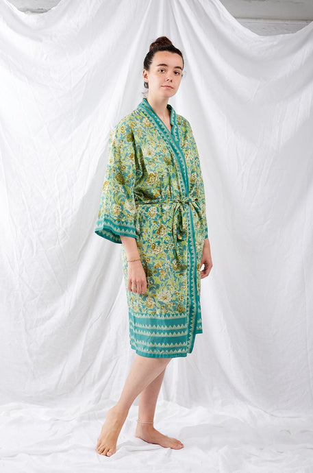 Ethically made, cotton voile kimono robe dressing gown in green floral print.