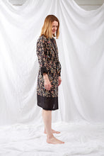 Load image into Gallery viewer, Ethically made, cotton voile kimono robe dressing gown in floral print on black.