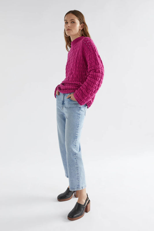Elk the Label Koda sweater made from recycled yarn, textured knit in orchid bright pink.