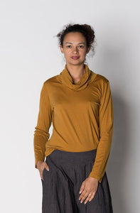 Kimberley Tonkin the Label wool jersey cowl neck skivvy top in dijon mustard yellow.