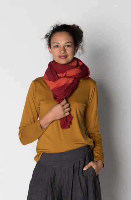 Kimberley Tonkin the label dip dyed paprika red linen scarf.