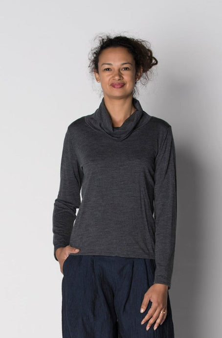 Kimberley Tonkin the Label wool jersey cowl neck skivvy top in charcoal grey.