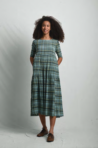 Maku Textiles Kumod dress in crushed cotton Madras check, two tier skirt fitted in bodice.