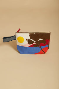 Inoui Editions designed in France Azure cosmetics bag, featuring abstract landscape in azure, red and rust.