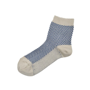 Memeri made in Japan blue and white herringbone pattern cotton socks.