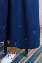 Load image into Gallery viewer, DVE Collection handloom indigo cotton one size Isha skirt, drawstring and elastic waist, side pockets, small hand embroidered flowers..