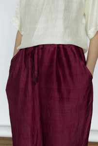 Mason and Mill Enid pants in ruby red mulberry silk, drawstring waist pyjama style.