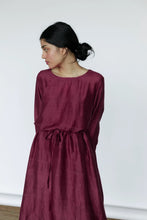 Load image into Gallery viewer, Mason and Mill mulberry silk Ruby dress, loose fitting a-line long sleeves with belt.