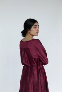 Mason and Mill mulberry silk Ruby dress, loose fitting a-line long sleeves with belt.