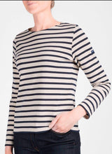 Load image into Gallery viewer, Saint James classic Meridame blue and ecru striped fisherman&#39;s long sleeved t-shirt, made in France.