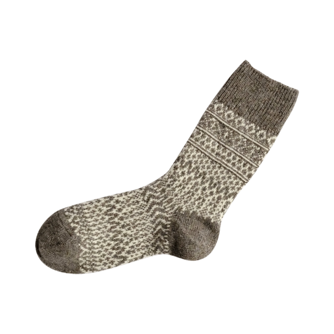 Nishigushi Kutsushita Oslo wool jacquard fairisle sock in Grey with vanilla pattern.
