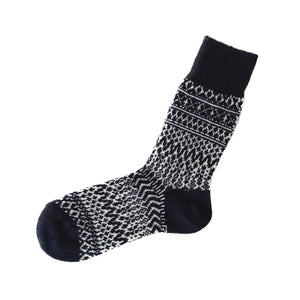 Nishigushi Kutsushita Oslo wool jacquard fairisle sock in Berlin Blue, dark navy with white pattern.