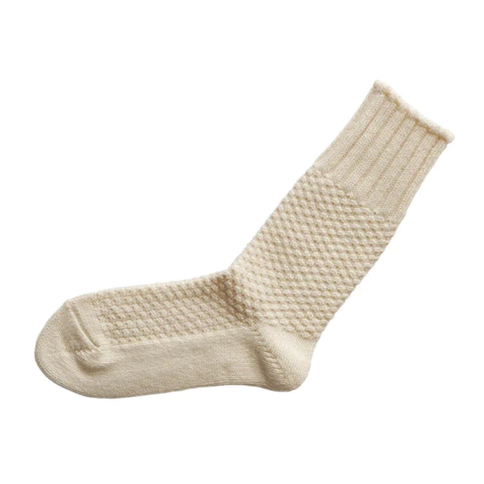 Nishigushi Kutsushita wool cotton blend boot socks with textured bobble knit in Ivory cream white.