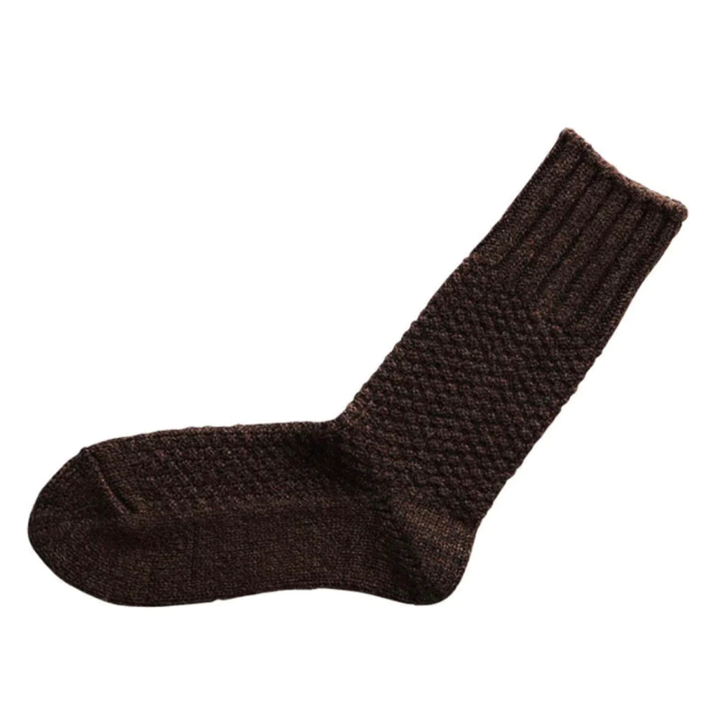 Nishigushi Kutsushita wool cotton blend boot socks with textured bobble knit in Moccha brown.