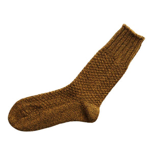 Nishigushi Kutsushita wool cotton blend boot socks with textured bobble knit in Mustard marled.
