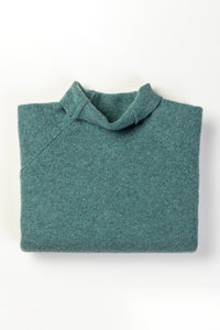 Eribé made in Scotland merino wool Corry sweater, roll neck raglan in Caspian, soft aqua green..