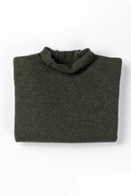 Load image into Gallery viewer, Eribe made in Scotland pure lambswool merino wool Corry raglan sweater, relaxed fit, roll neck, in Seaweed, deep olive green.