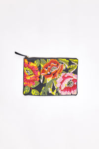 Inoui Editions cotton canvas zippered pouch, Anouchka tapestry flowers on black.