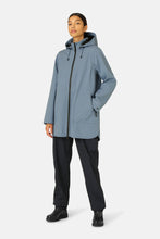 Load image into Gallery viewer, Ilse Jacobsen fully lined A-line hooded raincoat in winter ocean blue.
