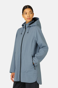 Ilse Jacobsen fully lined A-line hooded raincoat in winter ocean blue.