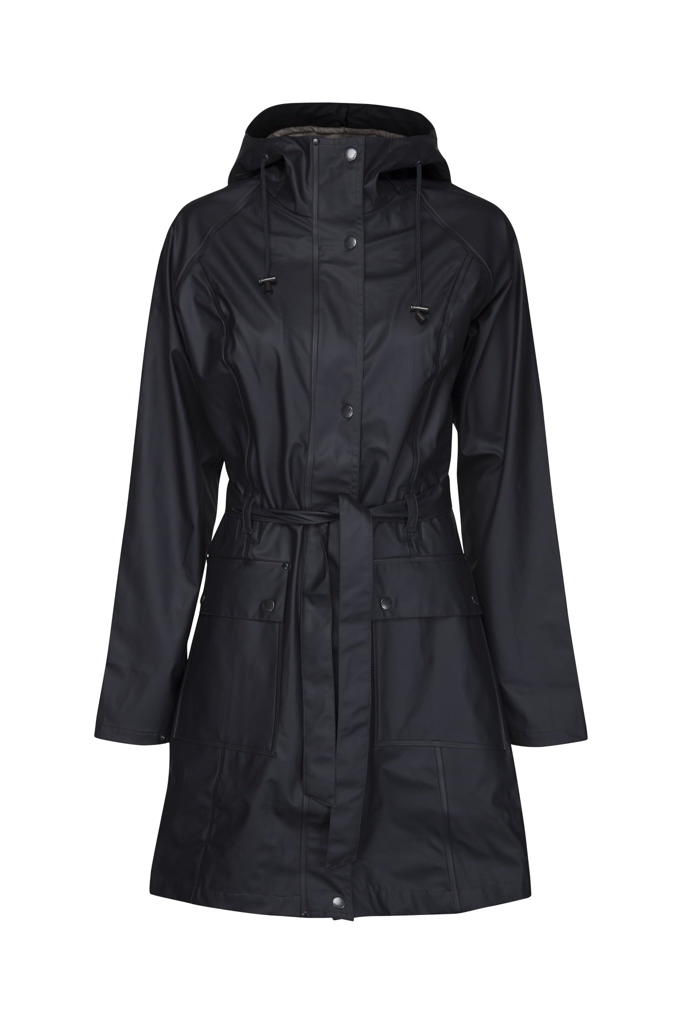 Ilse Jacobsen Rain70 Rain 70 rain coat, trench style with belt, patch pockets and functional hood. Dark Indigo - deep navy.