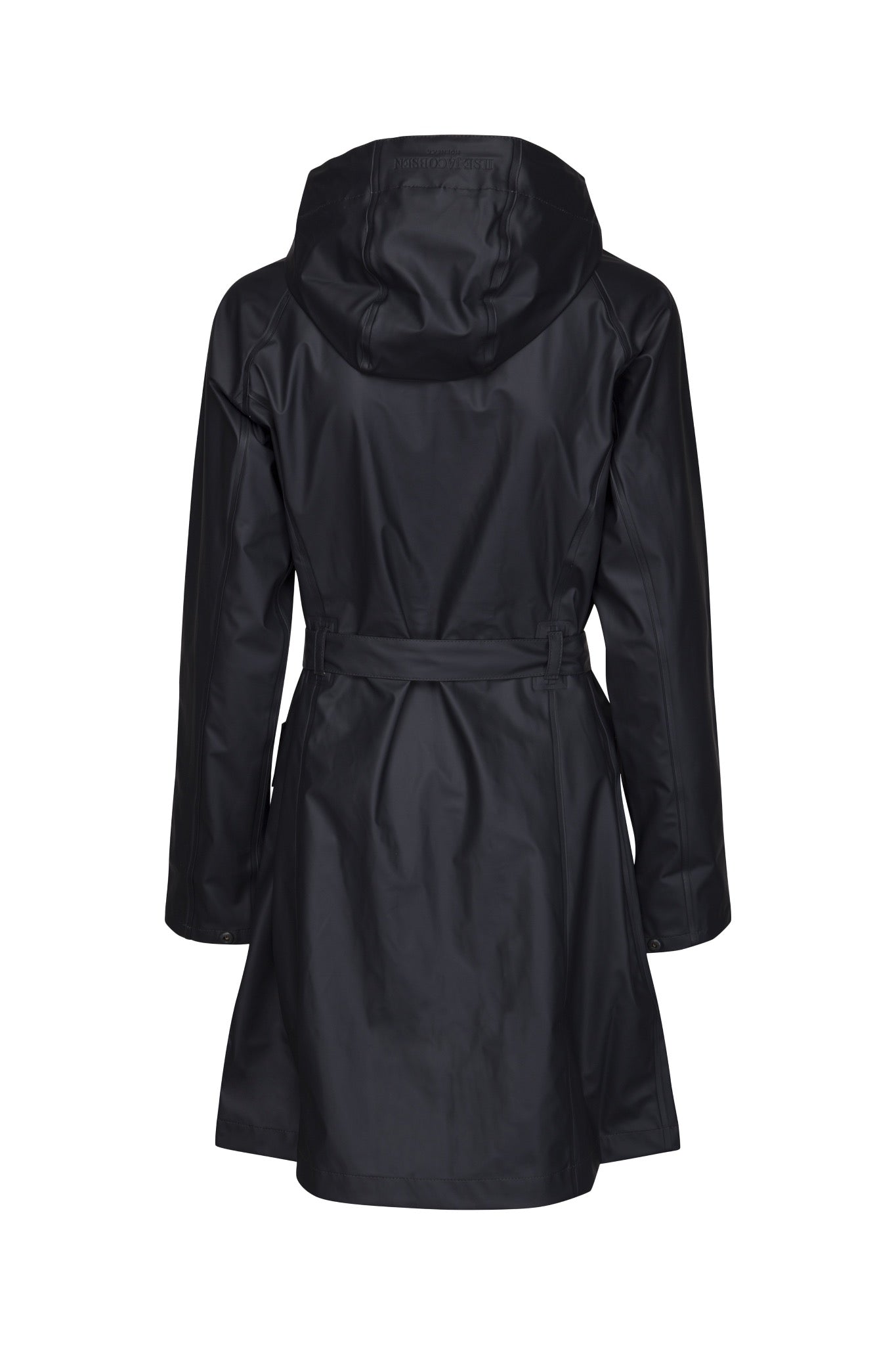 Ilse Jacobsen Rain70 Rain 70 rain coat, trench style with belt, patch pockets and functional hood. Dark Indigo - deep navy (rear view).