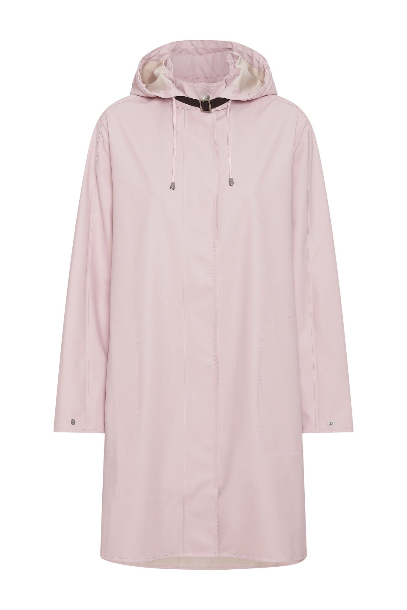Ilse Jacobsen Rain71 Rain 71 detachable hood hooded long A-line rain coat raincoat in Adobe Rose pink.