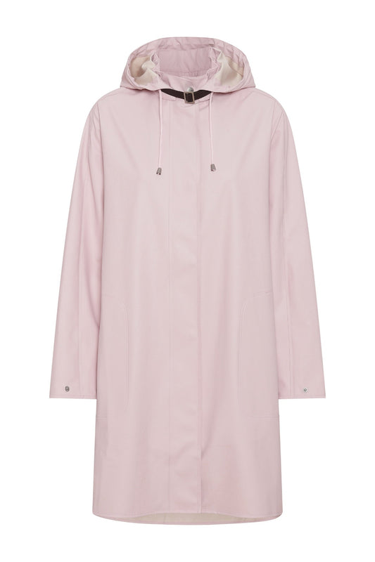 Ilse Jacobsen Rain71 Rain 71 detachable hood hooded long A-line rain coat raincoat in Adobe Rose pink.