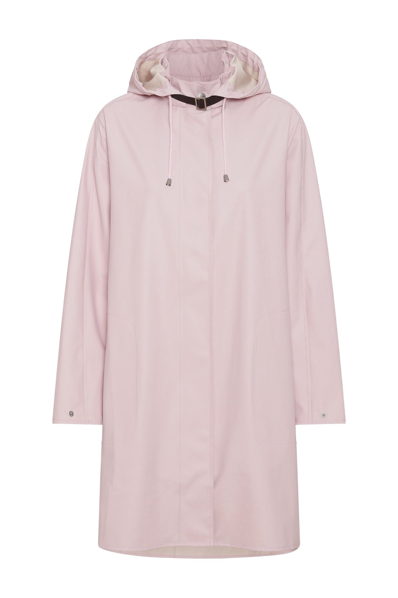 Ilse Jacobsen Rain71 Rain 71 detachable hood hooded long A-line rain coat raincoat in Adobe Rose pink.