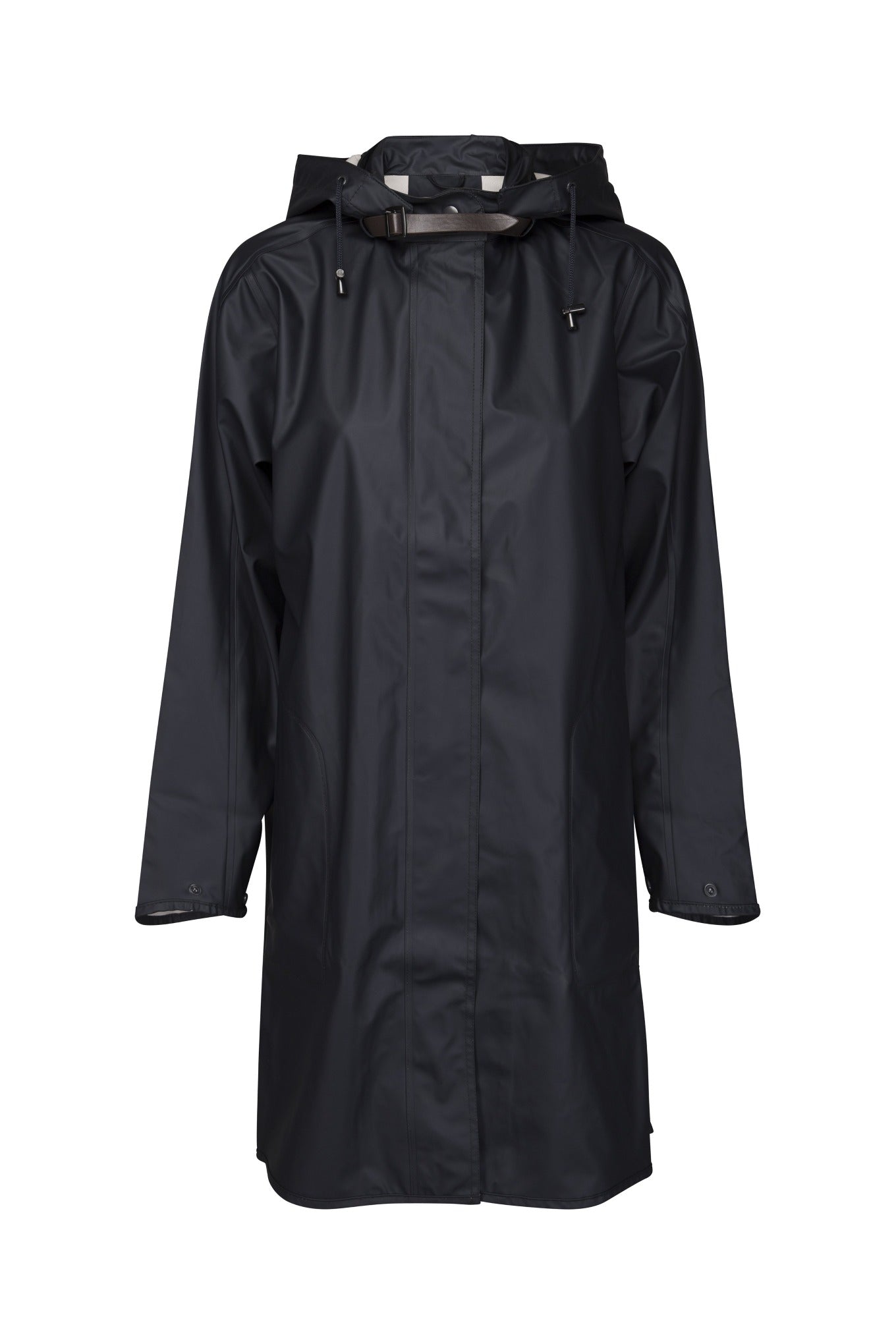 Ilse Jacobsen Rain71 Rain 71 long slightly A-line raincoat with detachable hood, in Dark indigo navy.