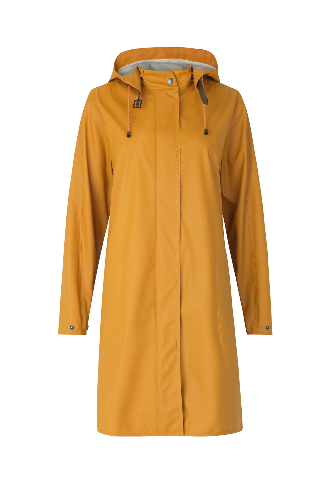 Ilse Jacobsen RAIN71 classic A-line detachable hood waterproof raincoat in Dijon mustard yellow.