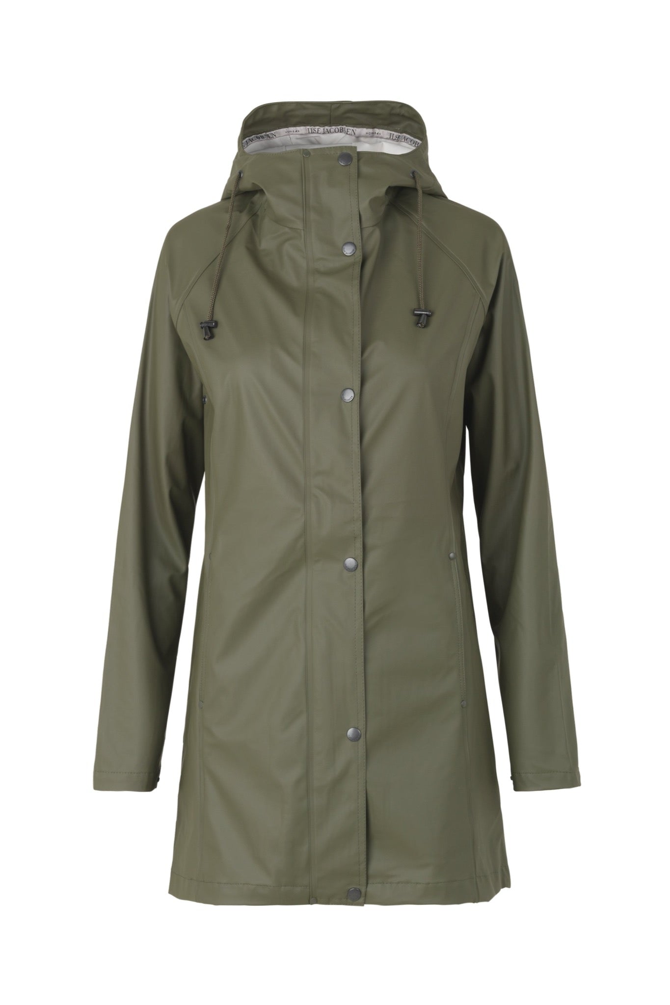 Ilse Jacobsen RAIN87 mid length hooded rain coat in Army - khaki green.