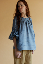Load image into Gallery viewer, Runaway Bicycle handwoven silk Astrid top, pleated, gathered neck and sleeves in steel blue.
