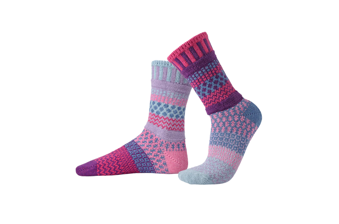 Solmate mismatched socks made in the US from recycled cotton, Twilight in colours of Arctic blue, Lilac, Flamingo Pink, Purple, Sky Blue, and Carnation Pink. 