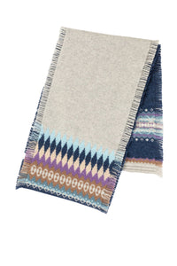 Eribé Alloa scarf with colour blocking, fairisle and fringed edging. Arctic night in ash grey, denim blue, lilac and latte.