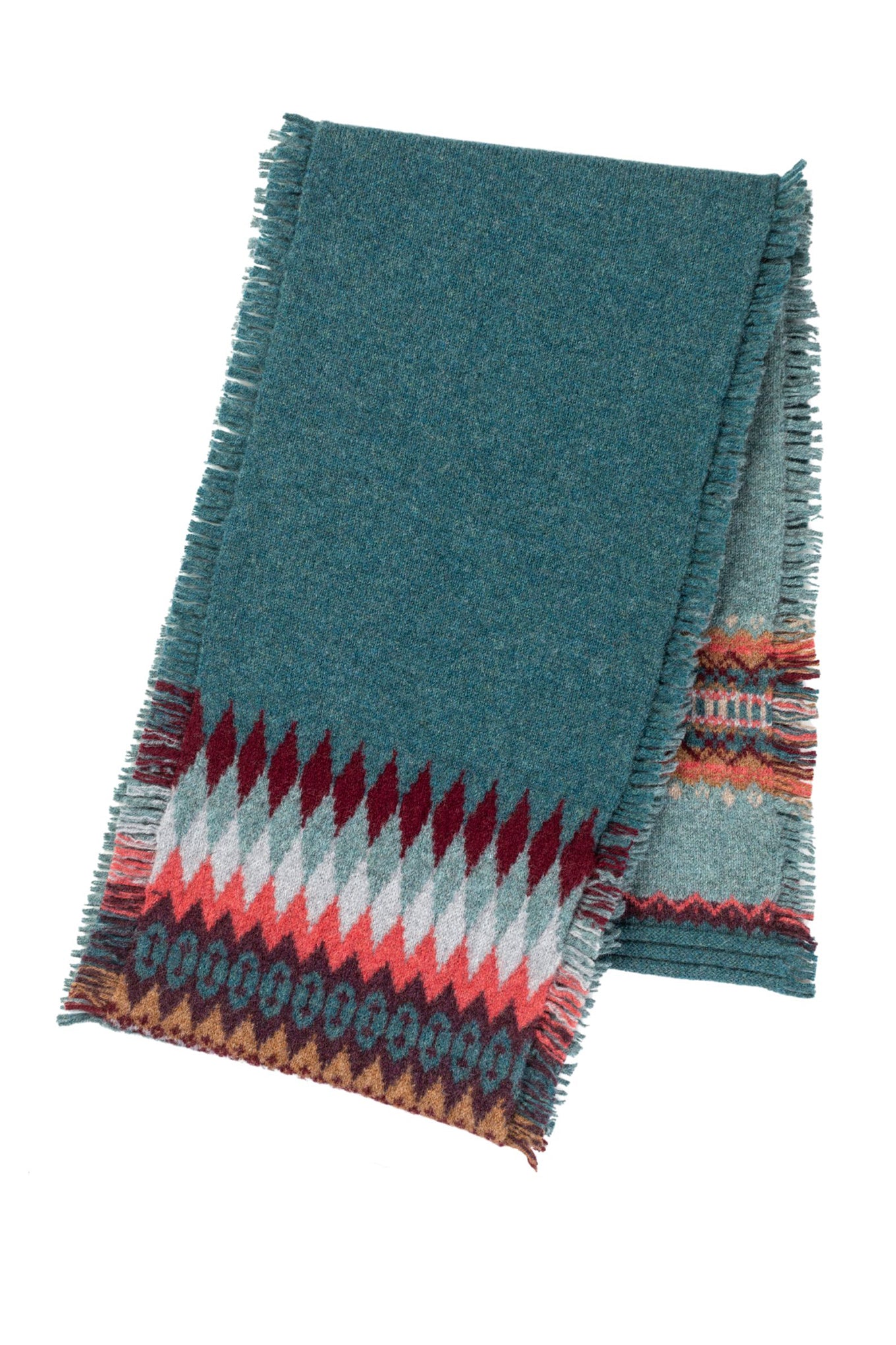 Eribé Alloa scarf with colour blocking, fairisle and fringed edging. Lugano Rose in teal green and pink